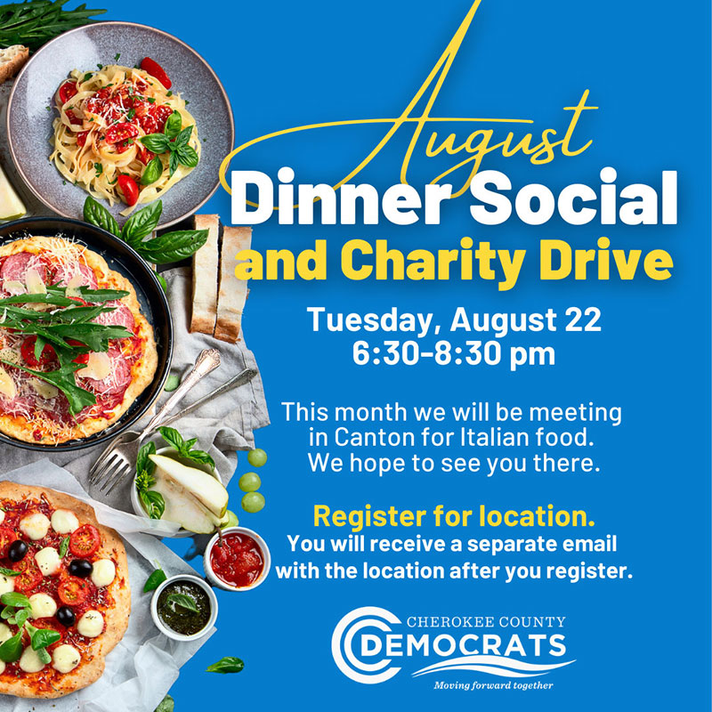Event graphic for August Dinner Social and Charity Drive